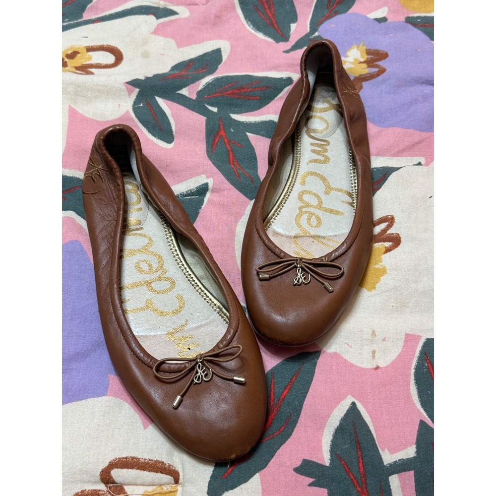 Sam Edelman Felicia Ballet Flats Saddle Brown Leather Bow Shoes Size 8